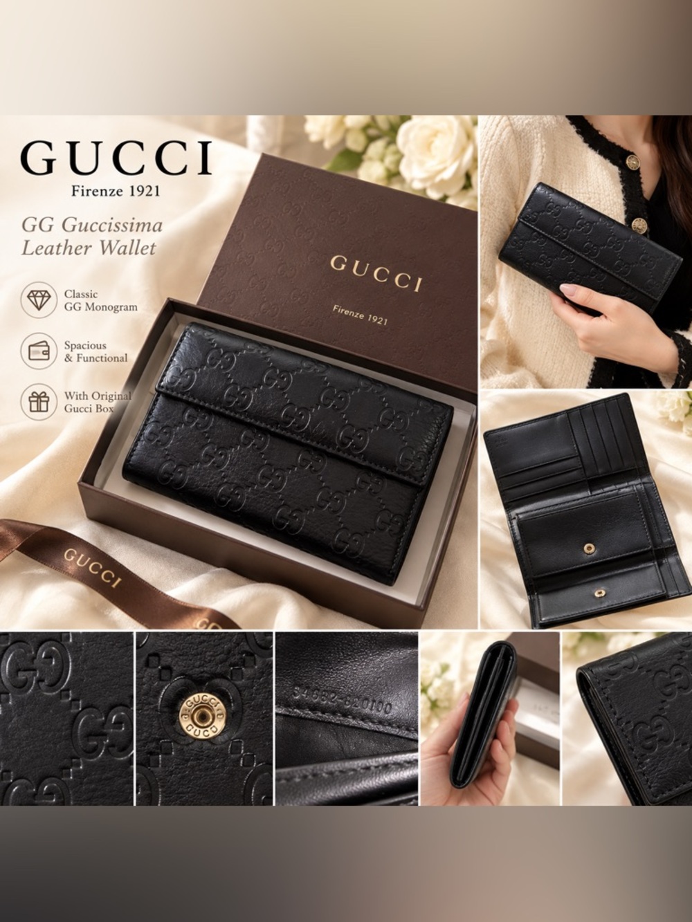 Gucci Black GG Guccissima Leather Long Wallet Bifold Snap Card Coin Purse